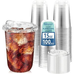 Homestockplus 15 oz Clear Plastic Cups with Lids (100 Pack)  Strawless Sip Lids, LeakProof & BPAFree Iced Coffee Cups  Disposable Cold Drink Cups for Smoothies, Milkshake, Parties, Events