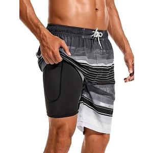 SILKWORLD Mens Swim Trunks with Compression Liner Quick Dry Board Shorts 9" Stretch Bathing Suits with 4-Hole Waistband, XL