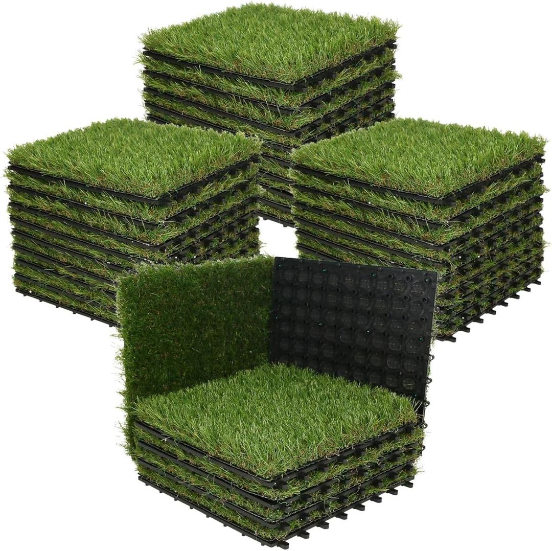 XLX TURF Artificial Grass Turf Tiles Interlocking Set 36 Pieces, Square Fake Grass Tiles Self-draining for Pet Indoor/Outdoor Flooring Decor, 12"x12", 8 Buckle Systerm