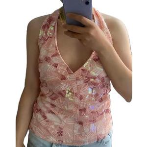 Womens Metallic Sequins Halter Cami Top Embroidery Backless Party Tank Tops V Neck Glitter Party Shirts S