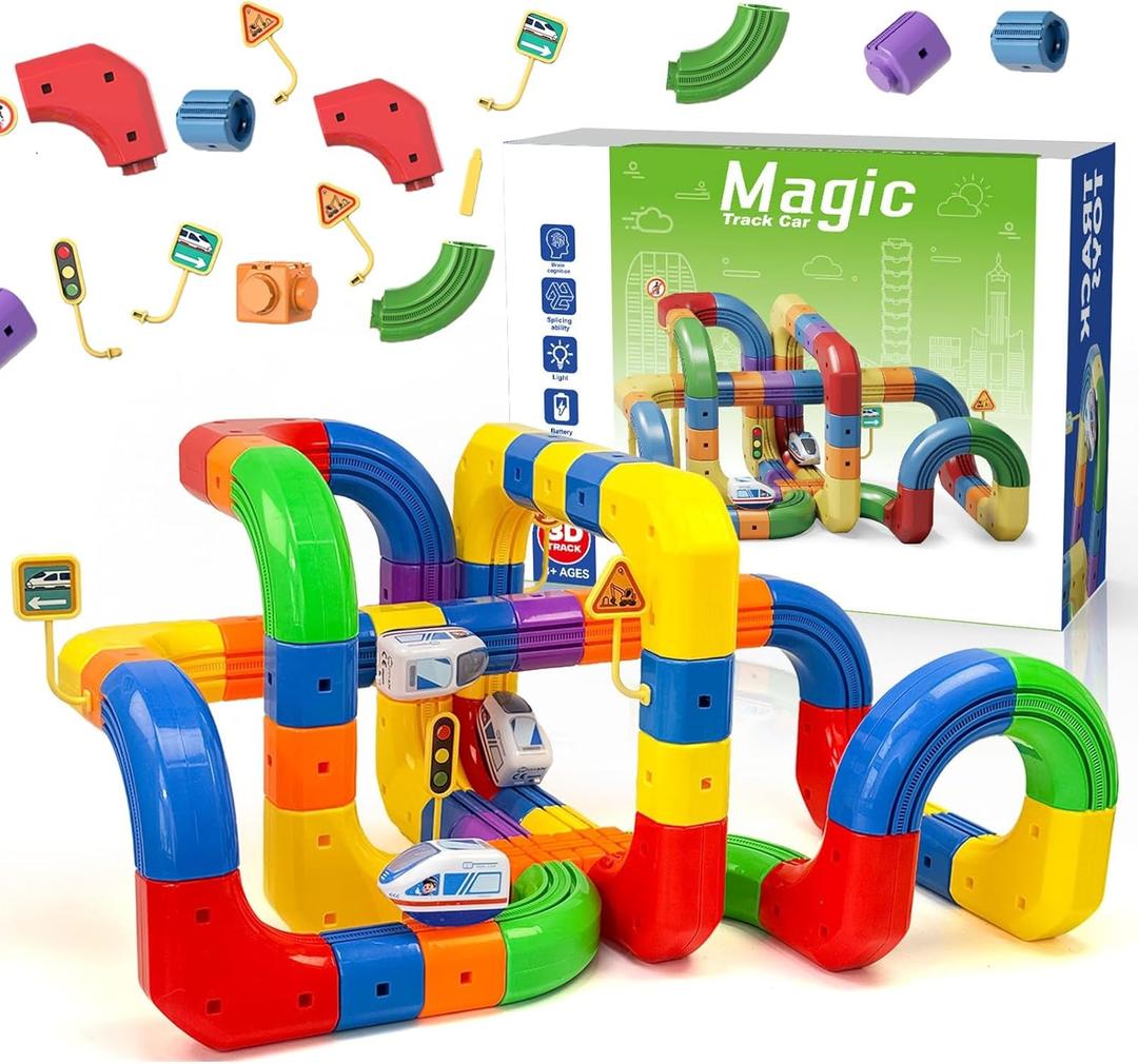 Rail Electric Train Set, 3D Magic Flexible Race Tracks for Kids,DIY Race Car Track Building Kits with Train and Traffic Signs,for 3 4 5 6 7 8 Years Old Boys Girls (123PCS-2car)
