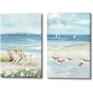 Ocean Coastal Canvas Wall Art: 2 Piece Seaside Chair Artwork Sea Birds Seascape Prints Beach Vacation Pictures for Bedroom Bathroom (11''x16''x2)