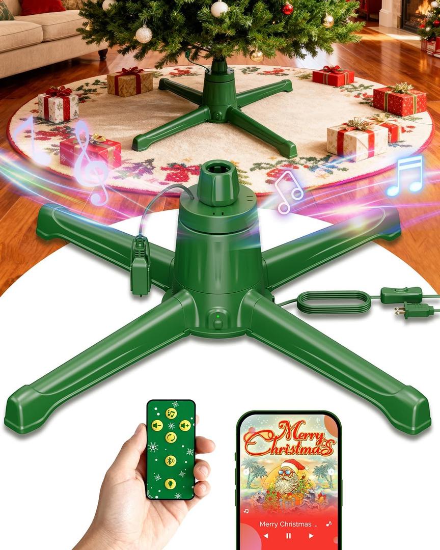 COOLWUFAN Musical Rotating Christmas Tree Stand with Remote Control, 360-Degree Tree Stand Base for Up to 9FT & 120lb Artificial Trees, 6 Built-in Electrical Outlets Xmas Revolving Tree Holder
