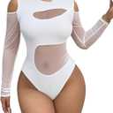 WDIRARA Women's Cold Shoulder Long Sleeve Bodysuit Sheer Mesh Jumpsuit Sexy Leotard Tops XL