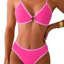 Fanuerg Women's Triangle Bikini Sets Circle Ring Linked Two Piece Swimsuit Color Block Cheeky Bathing Suit Hot Pink S
