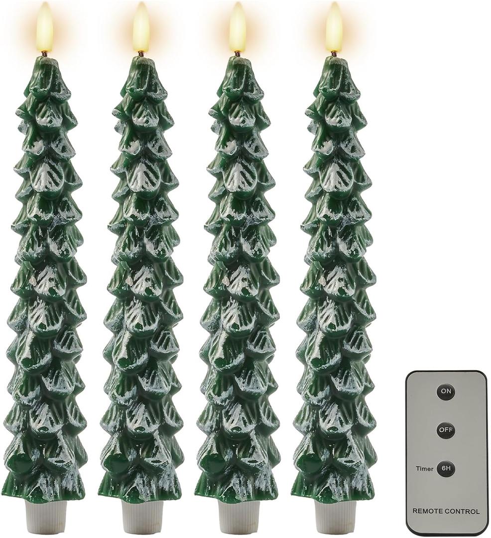 DN DECONATION 4PCS Christmas Tree Tall Candlesticks with Remote, LED Christmas Flameless Taper Candles Battery Operated, Frosted Tree Fake Candle Sticks for Xmas Table Decor Window Decorations (Set of 4)