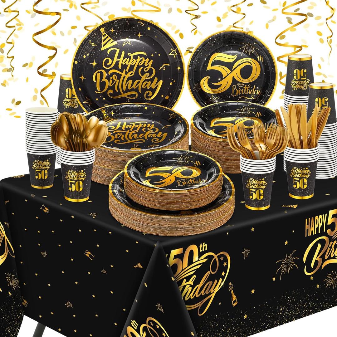 Yaomiao 146 Pcs 50th Birthday Party Decorations 50th Birthday Plates Disposable Tablecloth, Paper Cup, Plates Set for 24 Guests Women Men Party Supplies (Gold)