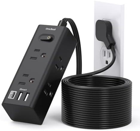 15Ft Extension Cord with Multiple Outlets, Flat Plug Power Strip Surge Protector with 15 Ft Long Cord, 6 Outlet 3 USB Ports (1 USB C), Multi Outlet Wall Plug for Travel, College, Dorm Essentials-Black