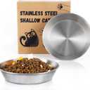 Petdream 2-Pack Stainless Steel Cat Food Bowls, Shallow Whisker-Friendly Non-Slip Silicone Base Metal Dishes, Easy to Clean Indoor Water Flat Plates for Cat, Kitten, Small Dog (5.9")