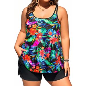 Plus Size Tankini Swimsuits - Women Two Piece Tankini Top with Shorts Flowy Swimsuit 2025 Bathing Suits (Black Floral) 20W Plus Size Tankini Swimsuits - Women Two Piece Tankini Top with Shorts Flowy Swimsuit 2025 Bathing Suits (Black Floral) 20W