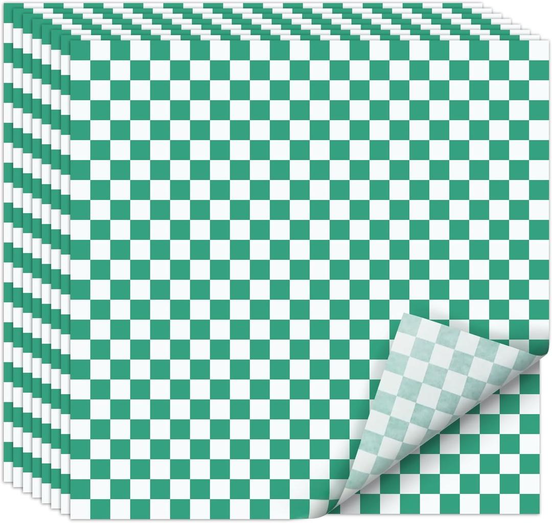 EcoDispose 12 x 12 Inches Grease Proof Deli Paper Precut Sheets for Deli Food, BBQ, Picnic, Party (100 Pcs, Green&White Checker)