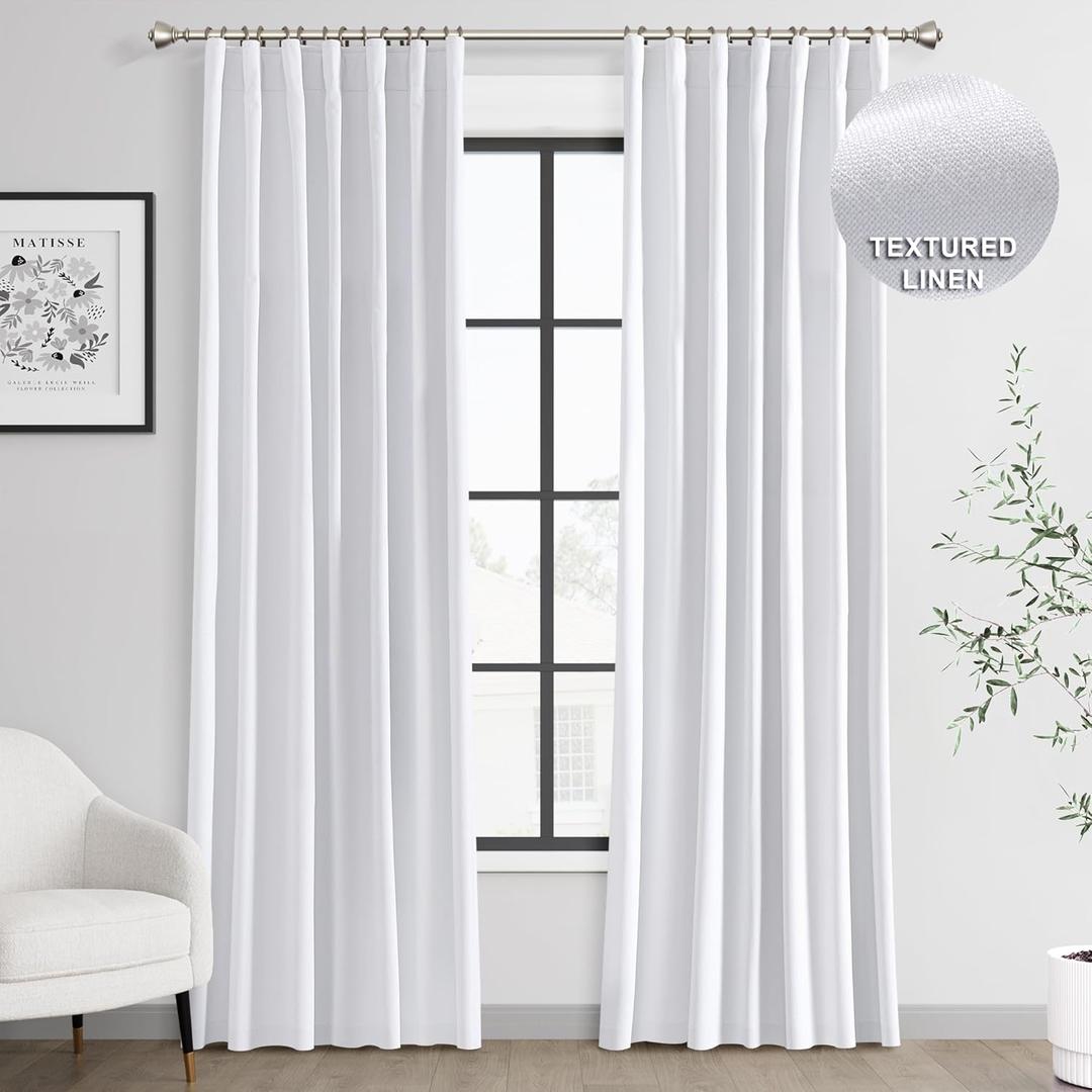 Joywell 100% Blackout Linen Curtains 80 Inches Long for Bedroom Black Out Curtain 2 Panel Set Rod Pocket Back Tab Room Darkening Drapes for Living Room Office Nursery Window 52 x 80,White