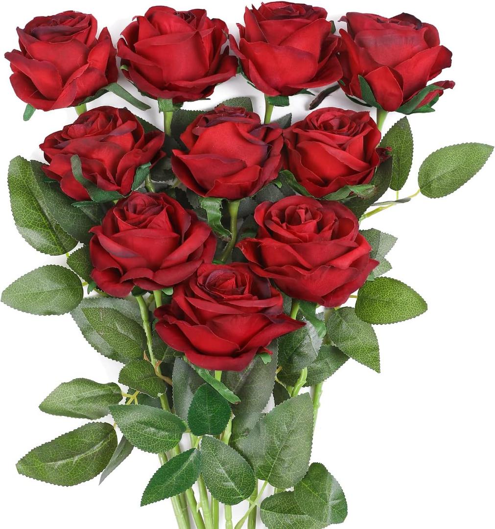 JUSTOYOU 10Pcs Artificial Roses Flowers, Realistic Blossom Roses, Real Touch Silk Rose, Single Fake Flower Long Stem Bouquets for Home Wedding Party Decoration (10Pcs, Wine Red)