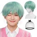 BESTBEL+Hair Cap Short Mint Green Wig for Men Short Cyan Wig for Male Shorts Green Wigs Green Anime KP Stage Outfits for Men Halloween Party Cosplay