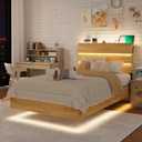 Feonase Floating Bed Frame Twin with Led Lights and Charging Station, Wood Full Size Bed Frame with Storage Headboard, Heavy Duty Metal Slats, No Box Spring Needed, Easy Assembly,Oak