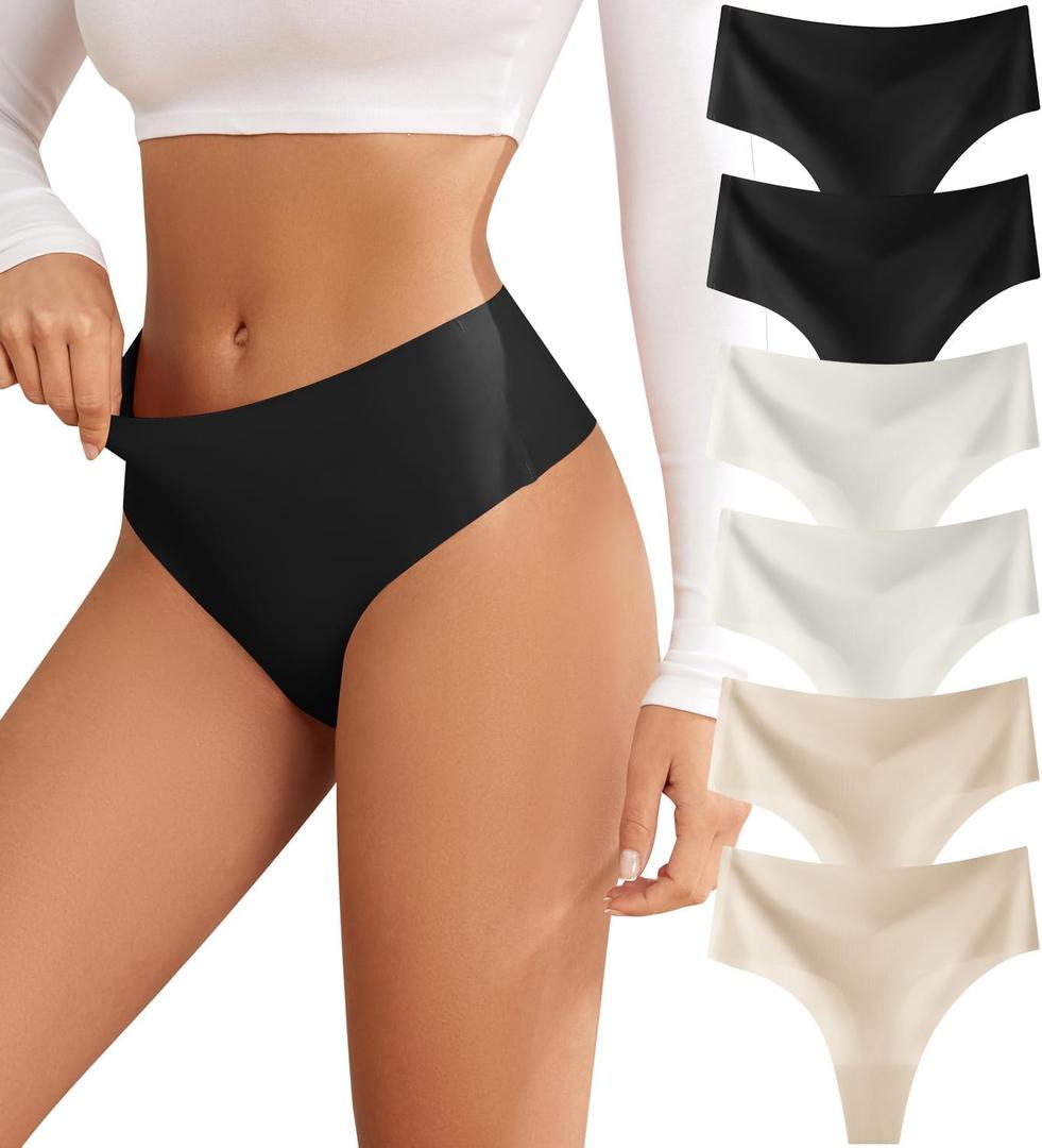 Thongs for Womens High Waisted Seamless for Women Underwear Sexy Breathable Panties 6 Pack (Large)