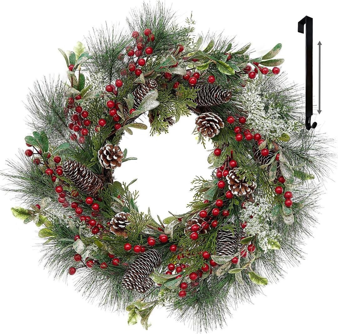 FINECASA Red Berry Christmas Wreath, 24 Inch Door Wreath, Pinecones & Mixed Greenery Holiday Decor for Front Door, Indoor/Outdoor Porch Window Decorations