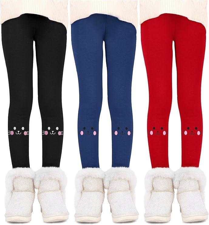 2 Pack Resinta Girls Fleece Lined Leggings Cotton Kitty Print Thermal Pants Thick Warm Tights Winter Clothes for Kids 10-12 Y
