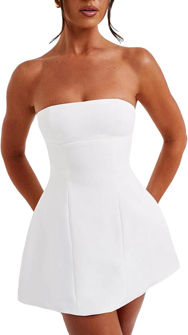 SHINFY Women Sexy Strapless Mini Dress Bodycon Off Shoulder Tube Top A-Line Short Dress Formal Cocktail Dresses (White) Large