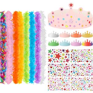 6.6ft Feather Boas & 8 Paper Crowns with Sticker Dress up Party Kit for Birthday Wedding Halloween Costume Decor (Rainbow)