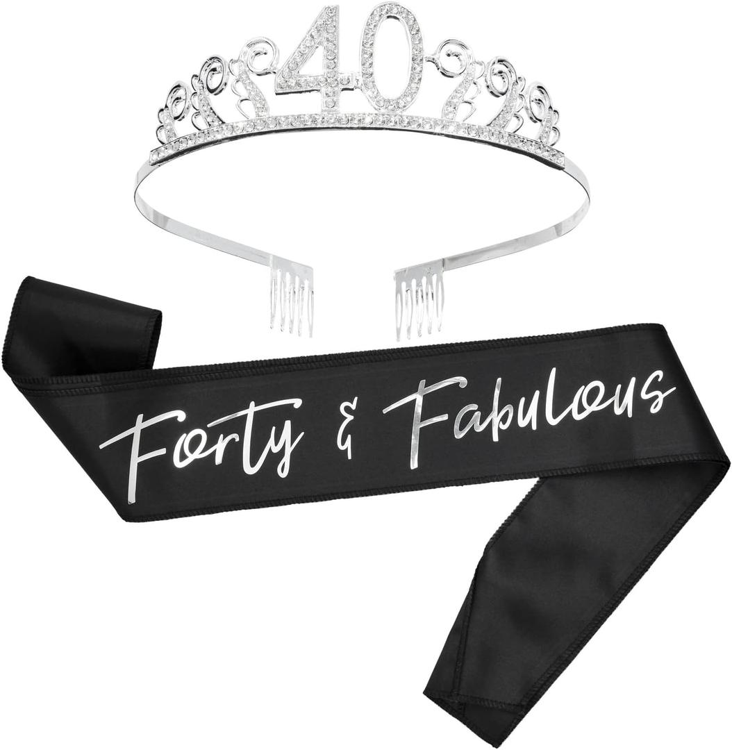 BLUE PANDA 40th Birthday Sash and Tiara for Women, Forty and Fabulous Party Decorations (Black Satin 40th Birthday Sash For Women)