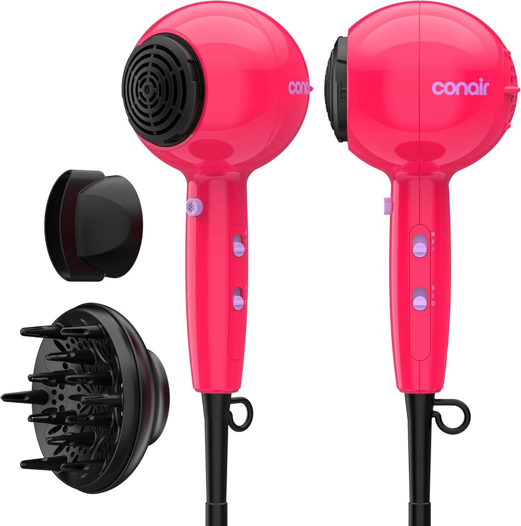 Conair Cake Pop Hair Dryer with Diffuser & Concentrator Attachments, Blow Dryer, Hair Dryers for Women, Tourmaline Ceramic Technology, 3 Heat/2 Speed Settings, Compact Hair Dryer w/Concentrator, Pink