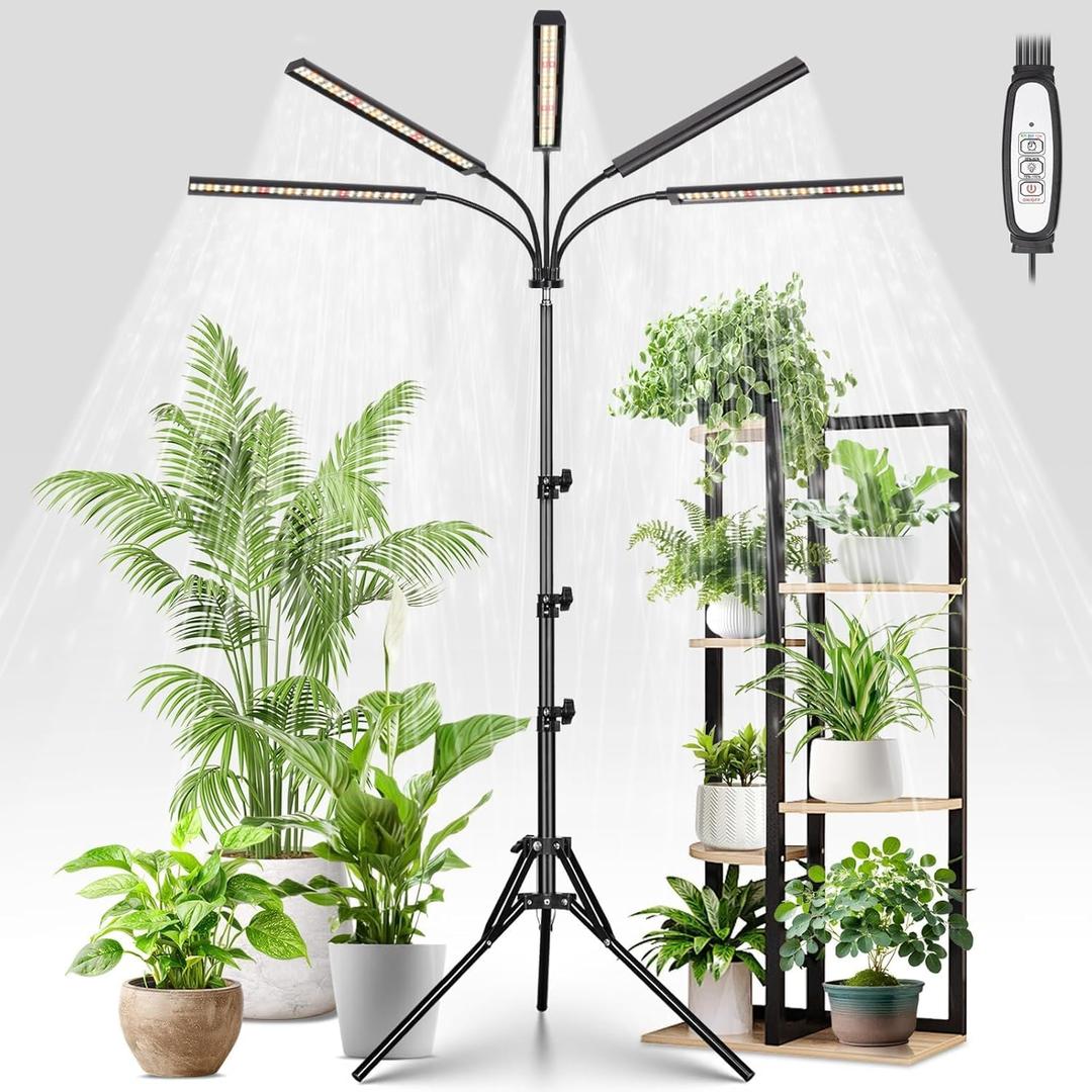 FOXGARDEN Grow Lights for Indoor Plants 5-Head Full Spectrum with Tripod Stand, Timer, Dimmable Flexible Goosenecks for Indoor Potted Plants