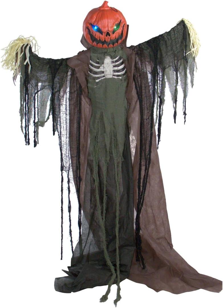 Haunted Hill Farm Life-Size Poseable Pumpkin Scarecrow, Halloween Animatronic with Touch Activated Lights and Sound, Scary Fright Props, Battery Operated Indoor or Covered Outdoor Halloween Decoration