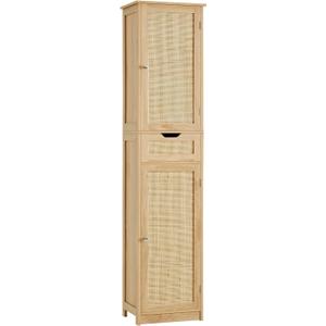 Iwell Tall Narrow Storage Cabinet with Doors, Rattan Cabinet with Adjustable Shelves, Freestanding Linen Storage for Living Room, Entryway, Kitchen, Bathroom, Natural, 11.8"D x 15.7"W x 67.1"H