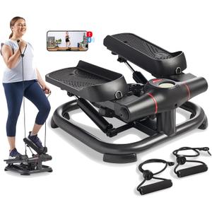 Sunny Health & Fitness 2-in-1 Premium Power Stepper with 400lbs Weight Capacity and Resistance Bands, Low-Impact Cardio, Space-Saving, Height-Adjustable, with Bluetooth and Free SunnyFit App (One Size, Heavy Duty)