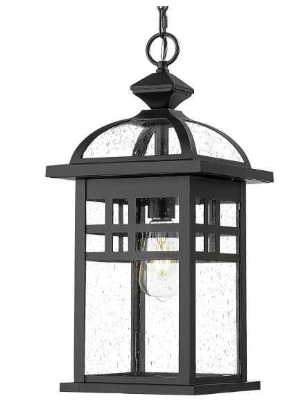 Emliviar 20 Inch Outdoor Pendant Light for Porch, Outdoor Chandelier for Porch, Die-Cast Aluminum with Seeded Glass, Black Finish, DE281H-M BK
