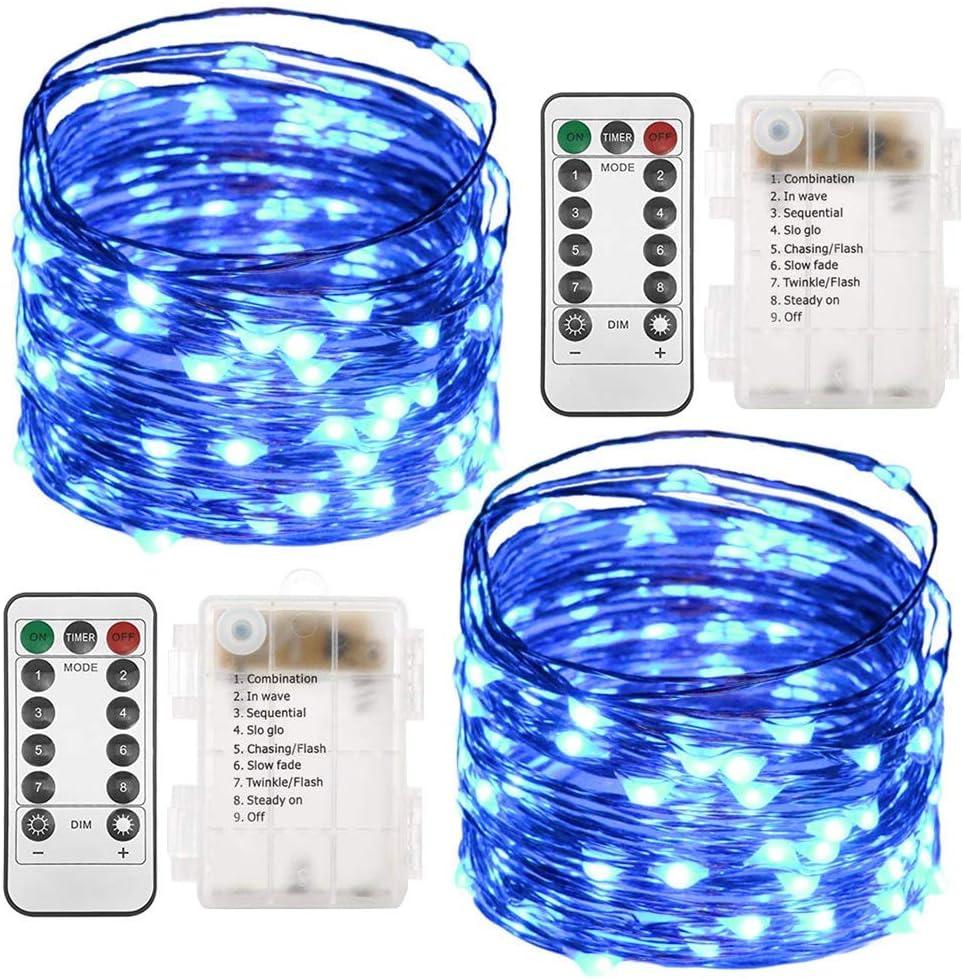 Twinkle Star 2 Pack Christmas Fairy Lights Battery Operated, 33 ft 100 Led String Lights Remote Control Timer Twinkle String Lights 8 Modes Firefly Lights for Garden Party Indoor Decor, Blue