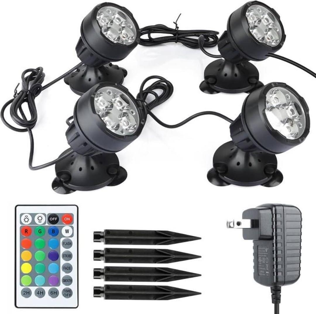 Colored Pond Lights Underwater with Timer, Submersible Fountain Light LED Spotlights Dimmable IP68 Waterproof with Spiked Stand for Outdoor Landscape Pond Fountain (Set of 4), 4 lights in one