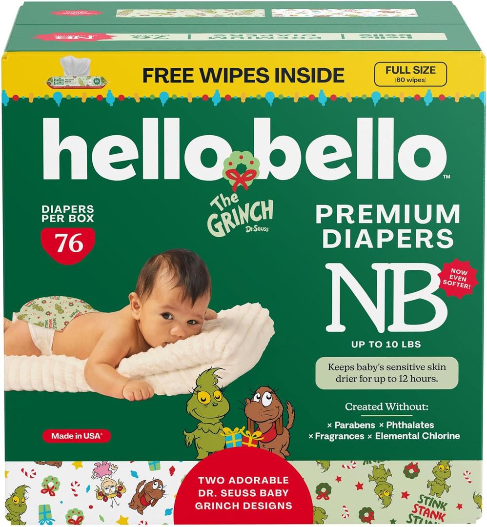 Hello Bello Dr. Seuss Baby Grinch Premium Diapers, Size NB (Up to 10 lbs), 76ct Plus Bonus Wipes: Softness & Protection for Sensitive Skin
