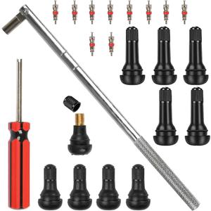 5pcs TR412 5pcs TR413 Valve Stem Puller setup toolkit 1 x Valve Core Remover 1 x Valve Stem Installer 10pcs Snap-in Valve Stems with Valve Stem Cores