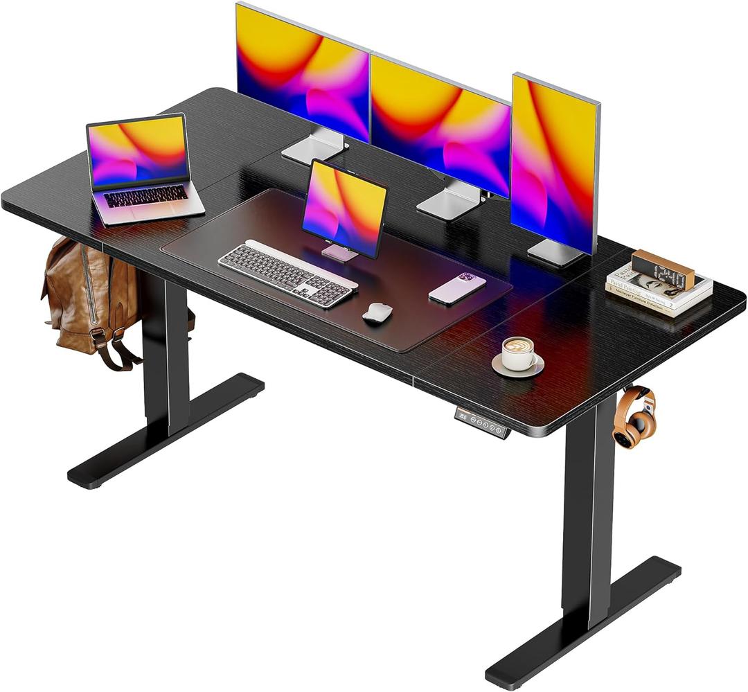 Huuger 55 x 28 Large Electric Standing Desk, Height Adjustable Computer Desk, 27.6" Deep Desktop, Stand up Gaming Office Table with 2 Hooks, 3 Preset Heights, for Home Office, Black (55*28 inch (no outlets))
