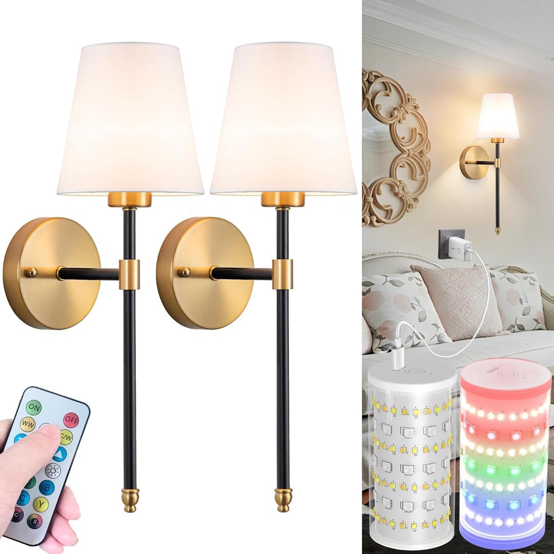 Nekhung Battery Operated Wall Sconces Set of 2, Wireless Wall Light with 10000mAh RGB Dimmable Magnetic Bulb, Rechargeable Wall Sconce with Remote Control for Bedroom Living Room