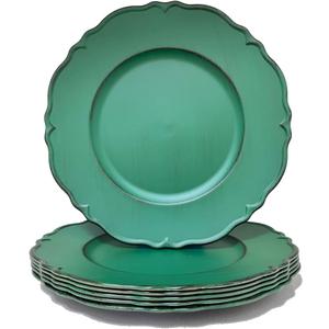 Antique Green Charger Plates, 13" Round Chargers for Dinner Plates, Set of 6 Plastic Plate Chargers for Weddings, Parties, Table Setting.