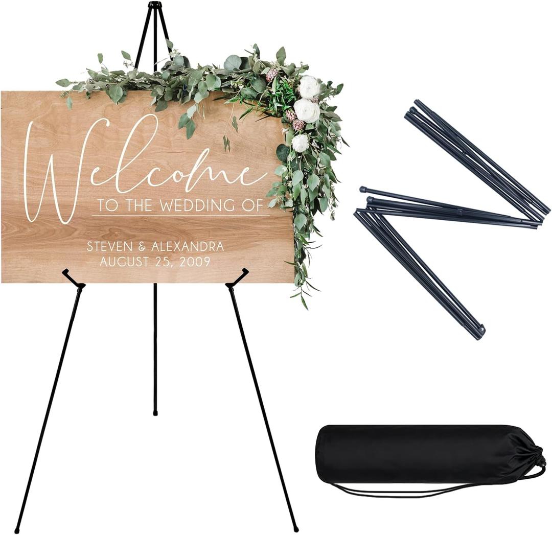 JEAWIWI Black Easel Stand for Wedding Sign, Poster Stand for Display, Collapsible Metal Art Easel for Painting, Floor Standing Easels for Birthday, Baby Shower Party, 66 Inch, Supports 6 Pounds, 1PCS
