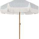 AMMSUN 7ft Patio Umbrella with Fringe Outdoor Tassel Umbrella UPF50+ Premium Steel Pole and Ribs Push Button Tilt, Navy Blue Stripes