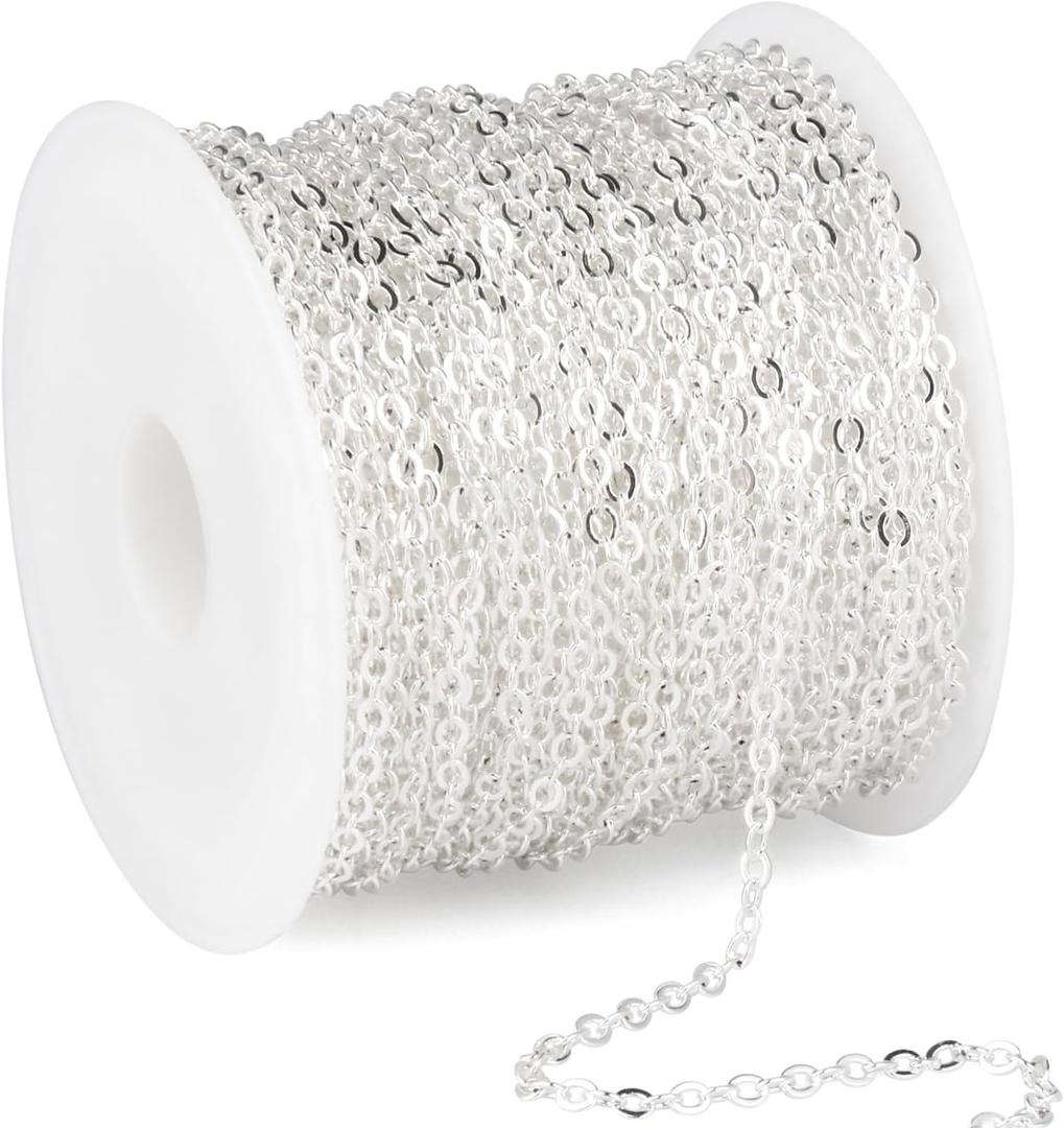 33 Feet Silver Plated Stainless Steel Cable Chain Bulk, 2.5mm 304 Stainless Steel Silver Flat Cable Link Chains Roll Spool for Jewelry Making Necklace DIY Craft