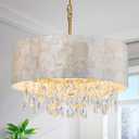 Capiz Shell Crystal Drum Chandeliers, Elegant Pendant Light Fixture for Dining Room, Living Room, D17.7 x 21~68"(Adjustable Height), White Shell Lampshade & Gold Finish Frame