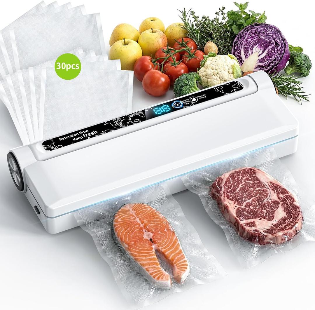 Vacuum Sealer Machine 95KPA Powerful Suction, 10s Fast Seal, Dry & Moist Modes, Compact Food Vacuum Sealer with 30 Bags Included, Automatic Food Saver for Meal Prep, Sous Vide & Kitchen Storage