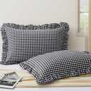 KKJIAF 2 Pcs Plaid Ruffle Pillow Case Queen Size, Ruffled Gingham Cotton Pillowcases 20x30 Inch, Linen Feel Plaid Bed Pillow Shams with Envelope Closure for Sofa Bed (Black)