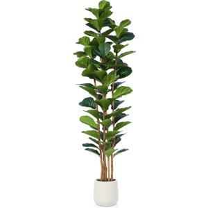 Artificial Fiddle Leaf Fig Tree with White Planter, 7ft Tall Fake Tree with Natural Wood Trunk for Home Decor, Faux Ficus Tree Fake Moss for Indoor Office Living Room