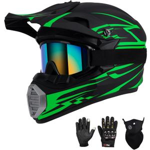 Youth Kids Motocross Helmet DOT Approved, Adult ATV Dirt Bike Off-Road Full Face Motorcycle Helmet with Goggles Gloves Mask for Boys Girls,Lightweight Breathable for Riding (Green, Medium)