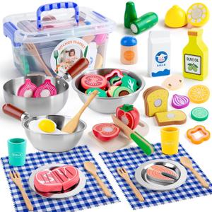 Juboury Wooden Play Food Sets for Kid Kitchen with Stainless Steel Cookware, Standard Pack of 26