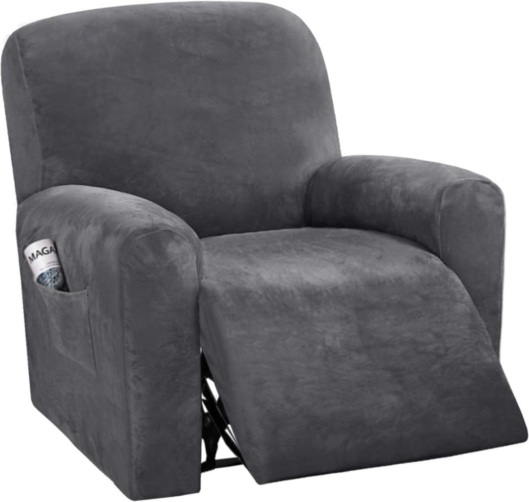 H.VERSAILTEX Velvet Stretch Recliner Couch Covers 4-Pieces Style Recliner Chair Covers Recliner Cover for Reclining Chair Slipcovers Feature Non Slip Form Fitted Thick Soft Washable, Grey