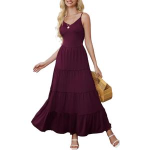 HipGlamp Womens Summer Casual Loose Plain Maxi Dress Backless Beach Tiered Spaghetti Strap Long Dress with Pockets ABurgundy X-Large