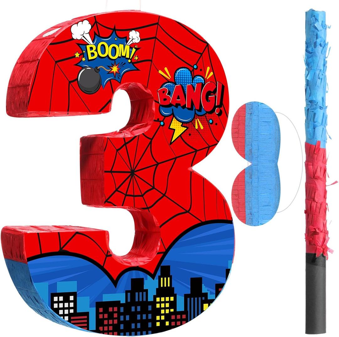 Capoda Number 3 Spider Piata Bundle with Blindfold and Bat Spider Birthday Party Piata for Birthday Party Decoration, 16.14 x 12.32 x 2.76 Inch (Red and Blue)